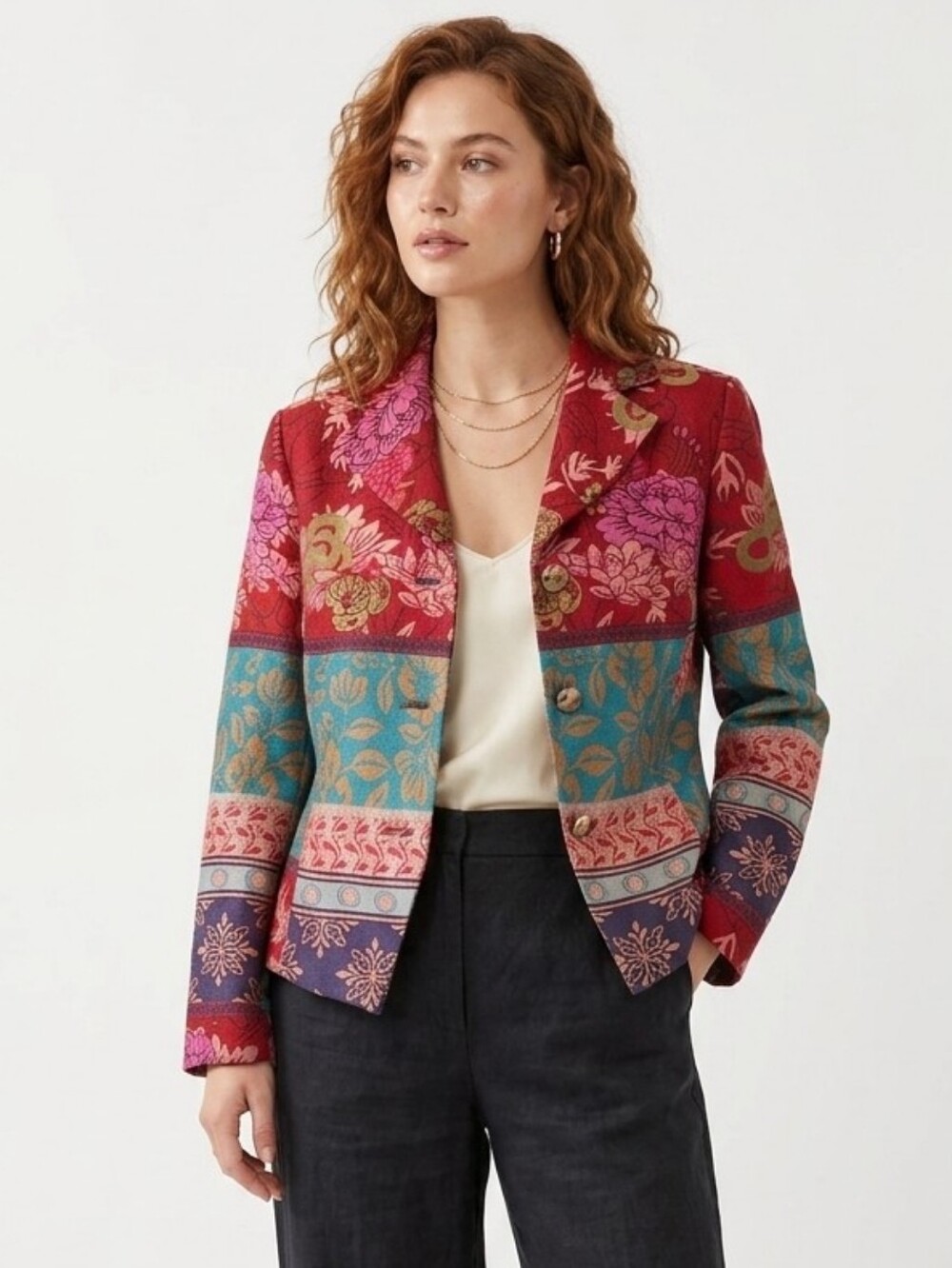 Vtg Coldwater Creek Red Floral Patchwork Boho Western Tapestry Blazer Jacket 10